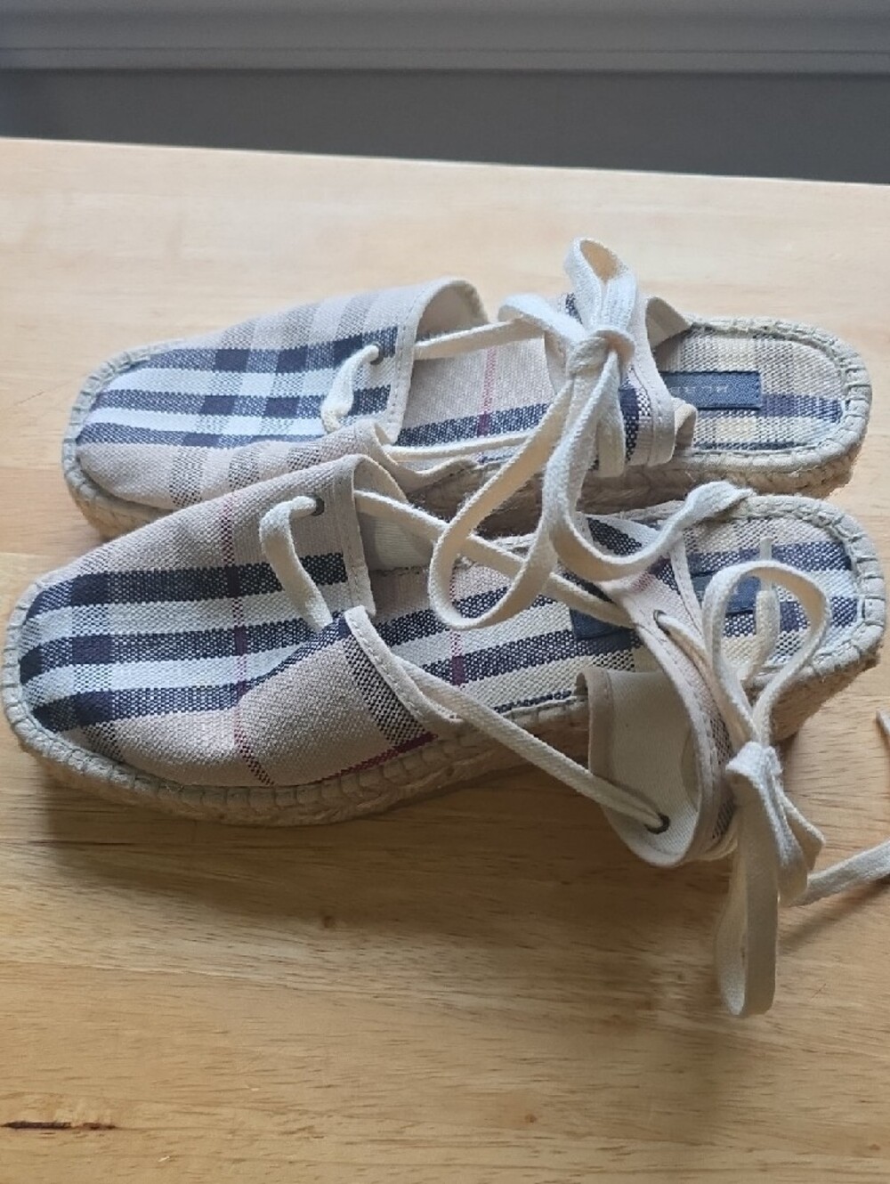 Burberry Plaid Espadrille Lace-Up Sandals in Beige and Navy - Picture 2 of 11